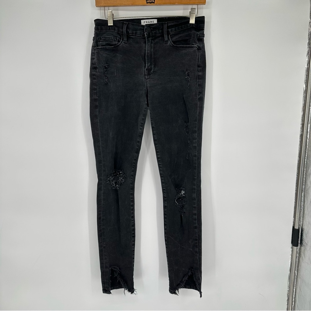 Frame Le Skinny De Jeanne Black Distressed Raw Hem Skinny Jeans Sz 28 - Picture 1 of 7